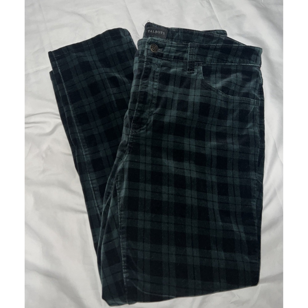 Talbots Velveteen Pants Women's Size 14 High Rise Straight Leg Green Plaid
